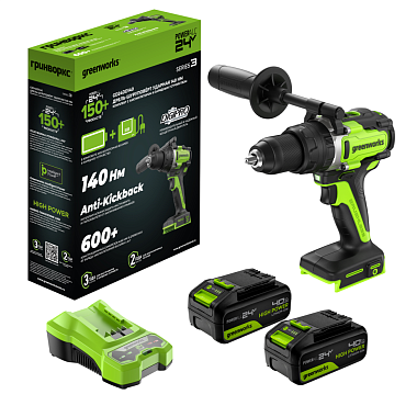 Дрель-шуруповерт ударная аккумуляторная GREENWORKS GD24DD140 2х4Ah 3707607CUD
