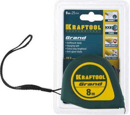 Рулетка 8м х 25мм нейлоновое покрытие магнитный крюк KRAFTOOL Grand 34022-08-25