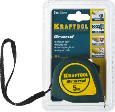 Рулетка 5м х 25мм нейлоновое покрытие магнитный крюк KRAFTOOL Grand 34022-05-25