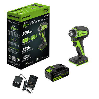 Гайковерт ударный аккумуляторный GREENWORKS G24IW200 1х4Ah 3803607CUB