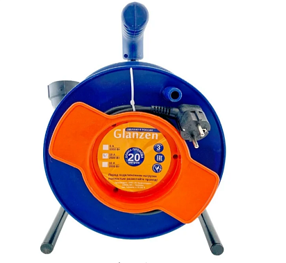 Удлинитель на катушке ПВС 2х1,5 20м с выносной розеткой GLANZEN EC-20-010