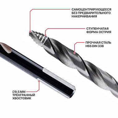 Сверло по металлу самоцентрирующееся 9,5х81х125мм HSS Drua SharkStep PIT AMED16-0009A