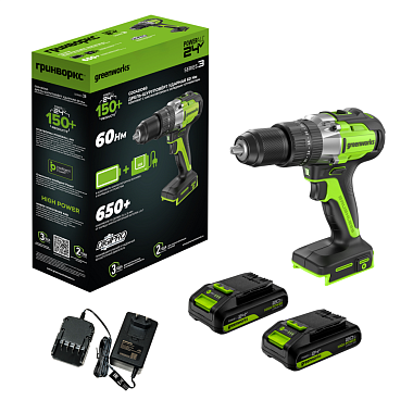 Дрель-шуруповерт ударная аккумуляторная GREENWORKS GD24DD60 2х2Ah 3704107CUC
