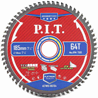 Диск пильный по алюминию 185х64Tх30х2мм PIT Advance Carbide ACTW13-185T64