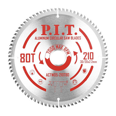 Диск пильный по алюминию 210х80Tх30/20х2,2мм PIT ACTW05-210T80