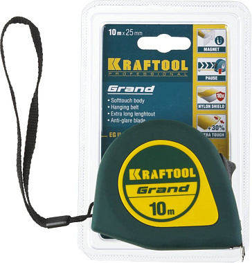 Рулетка 10м х 25мм нейлоновое покрытие магнитный крюк KRAFTOOL Grand 34022-10-25