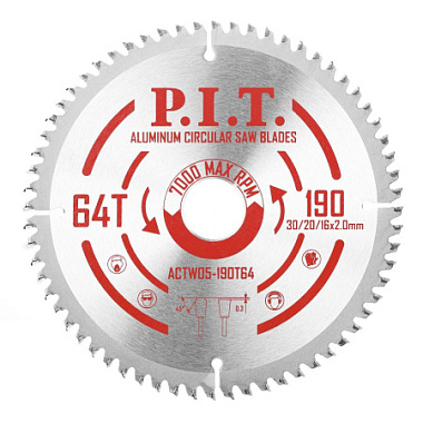 Диск пильный по алюминию 190х64Tх30/20/16х2мм PIT ACTW05-190T64