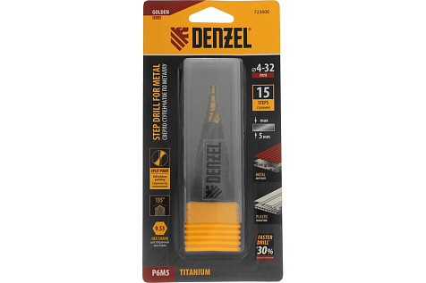 Сверло ступенчатое 4-32мм 15ступеней Р6М5 DENZEL 723606