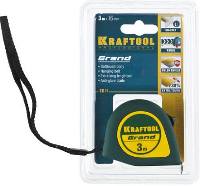 Рулетка 3м х16мм нейлоновое покрытие магнитный крюк KRAFTOOL Grand 34022-03-16