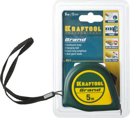 Рулетка 5м х 19мм нейлоновое покрытие магнитный крюк KRAFTOOL Grand 34022-05-19