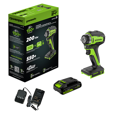 Гайковерт ударный аккумуляторный GREENWORKS G24IW200 1х2Ah 3803607CUA
