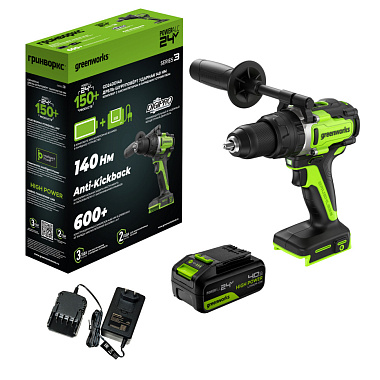 Дрель-шуруповерт ударная аккумуляторная GREENWORKS GD24DD140 1х4Ah 3707607CUB