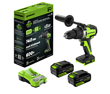 Дрель-шуруповерт ударная аккумуляторная GREENWORKS GD24DD140 2х4Ah 3707607CUD